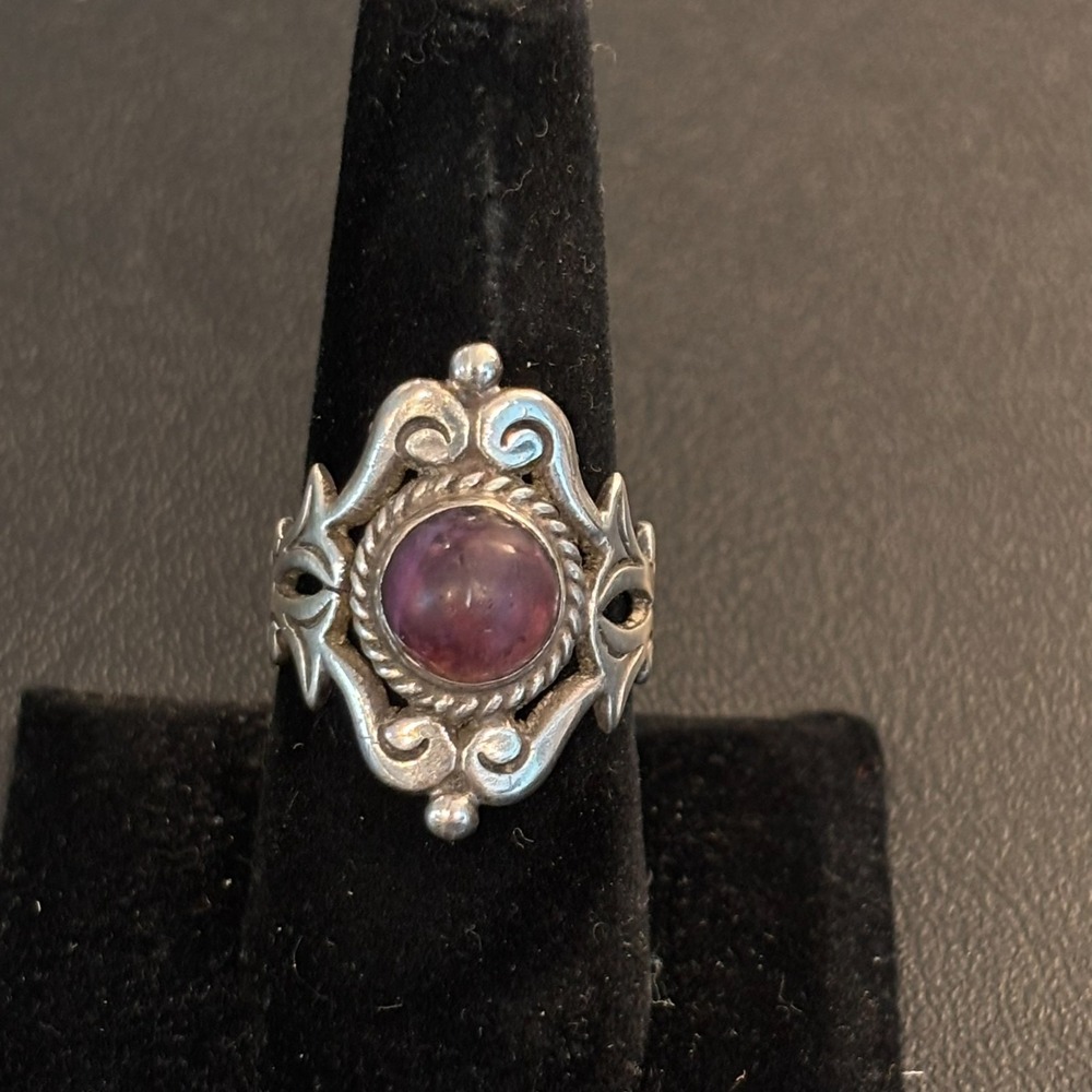 Vintage Mexican Sterling Silver Stamped Amethyst Cabochon Ring filigree sz 8.5